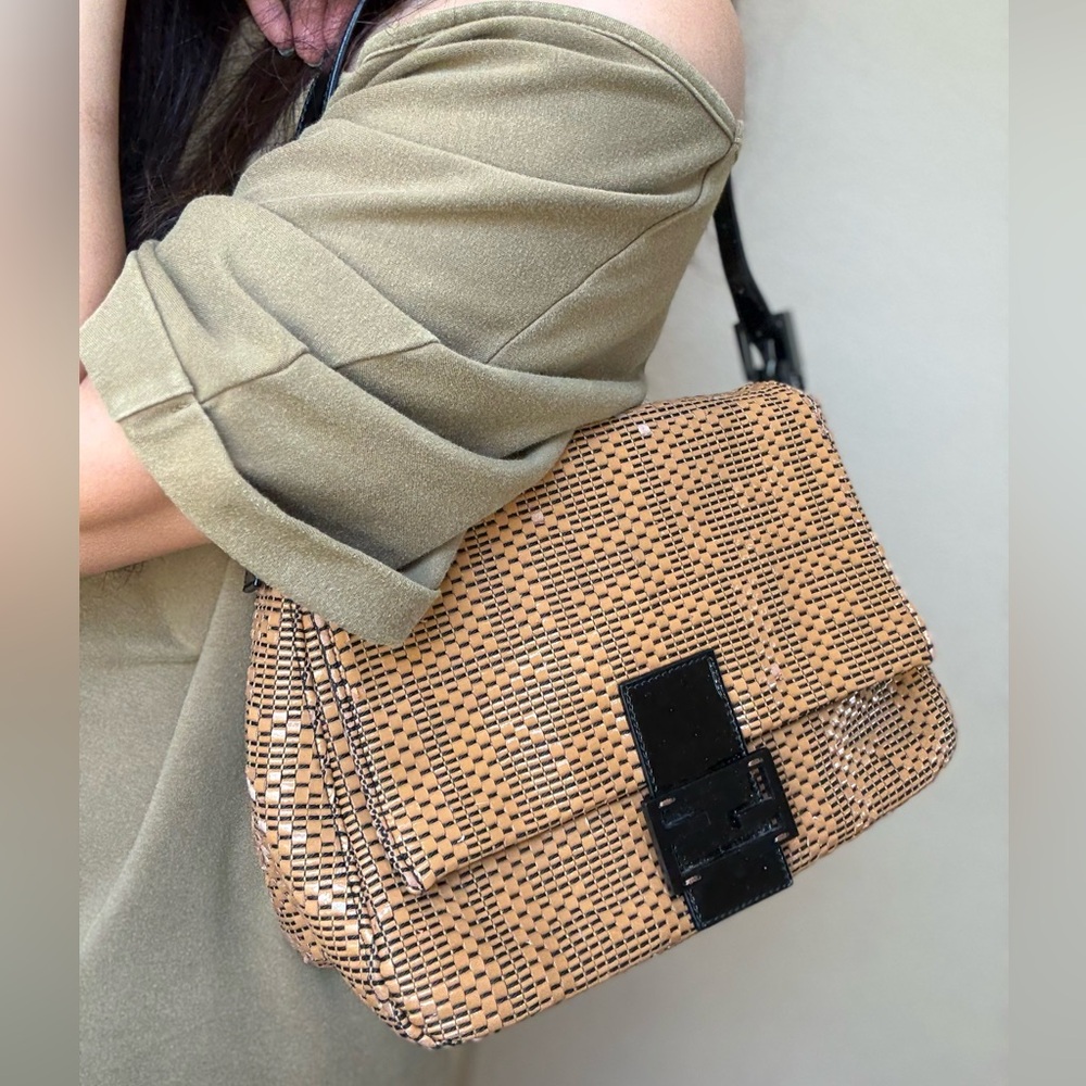 SOLD Fendi Mamma Baguette Tan and Black Shoulder Bag with Woven Design